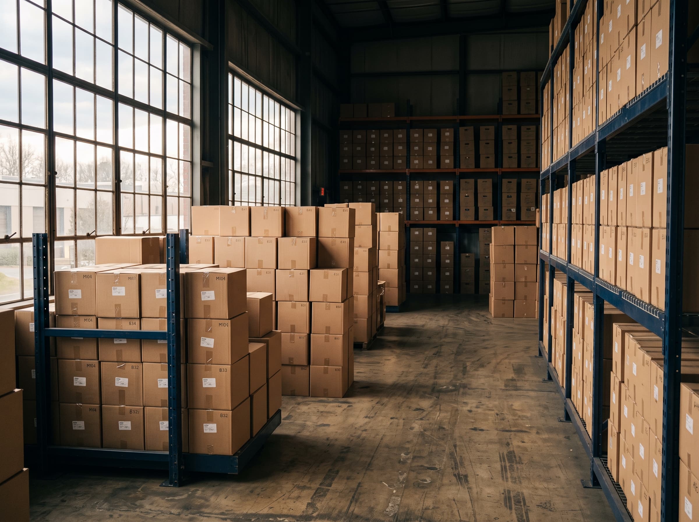 Entrepôt de stockage avec cartons de déménagement empilés et inventoriés