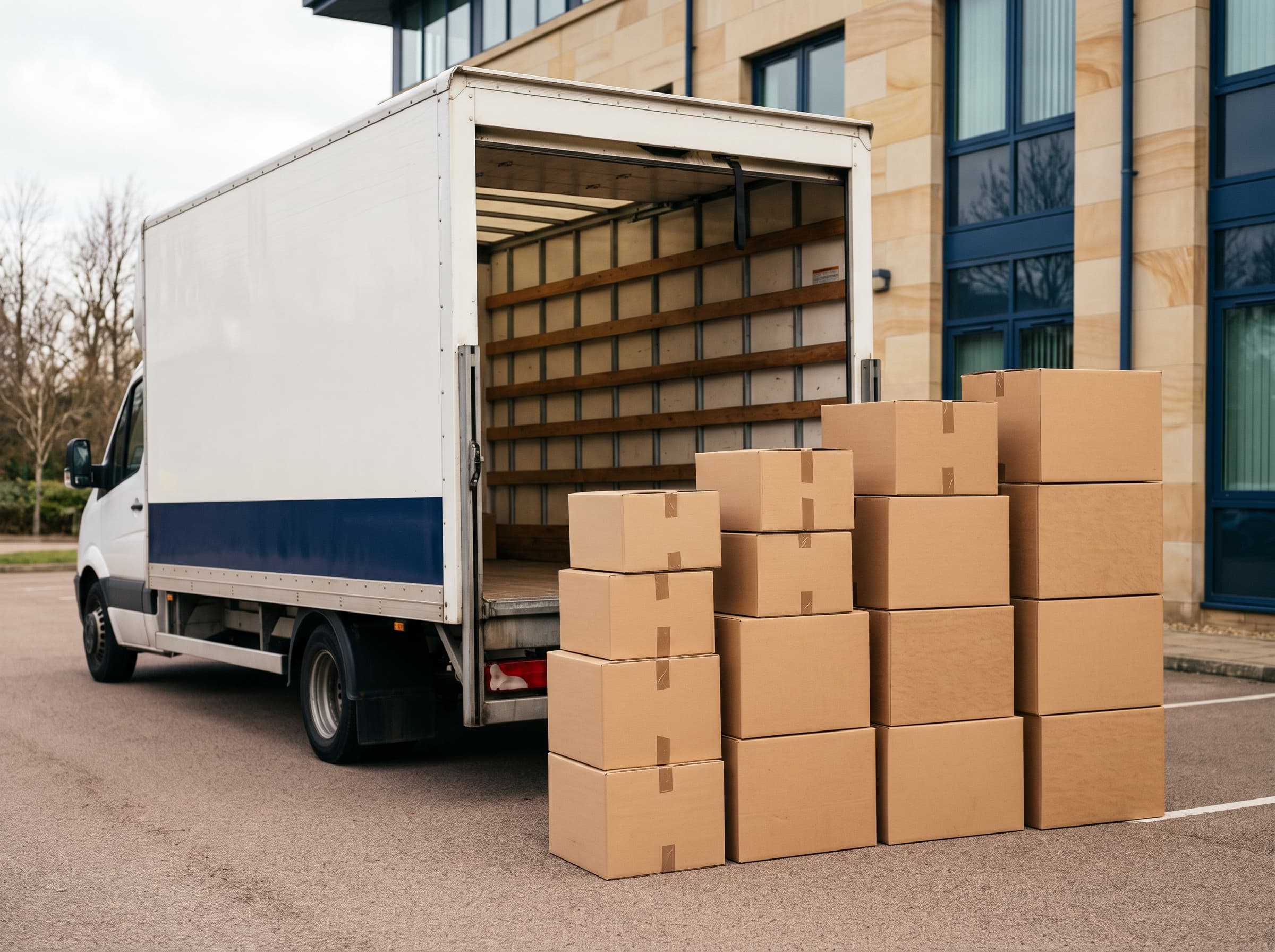 Cartons de déménagement soigneusement empilés et organisés près d'un camion