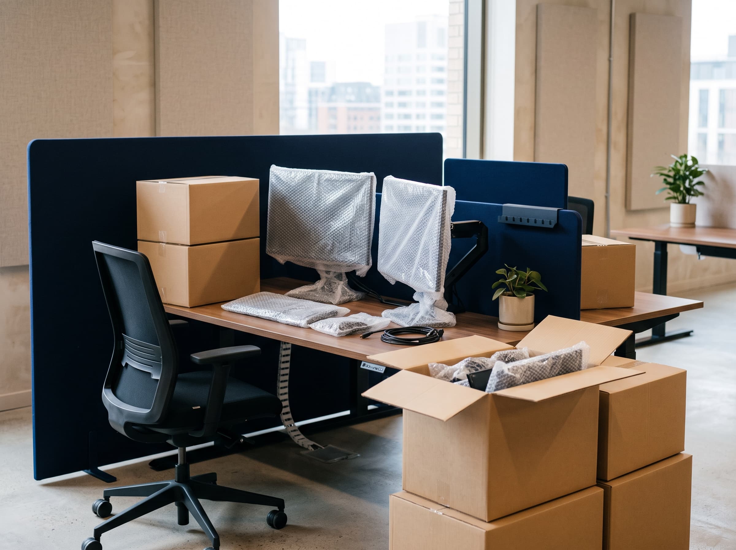 Poste de travail de bureau démonté et emballé avec soin