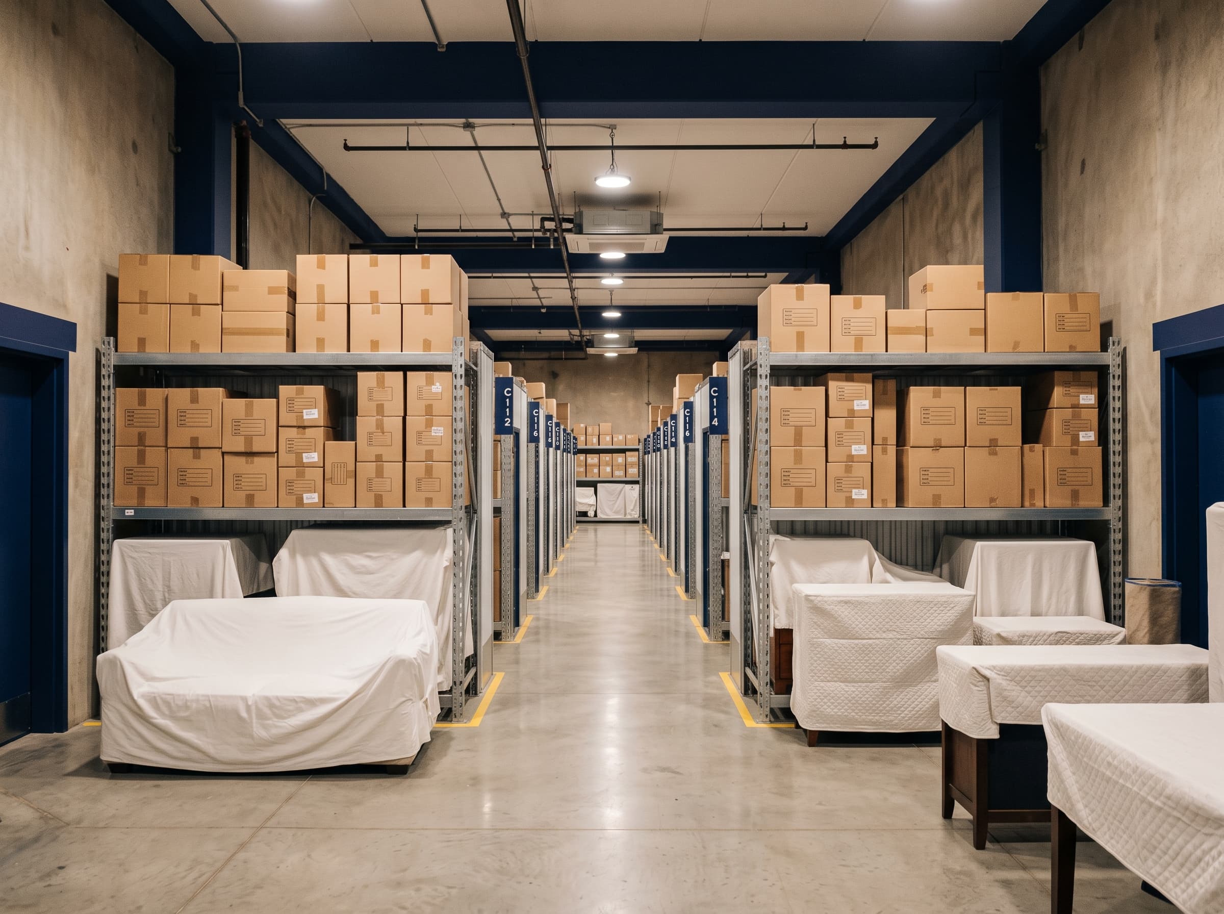 Entrepôt de stockage organisé avec étagères de cartons inventoriés