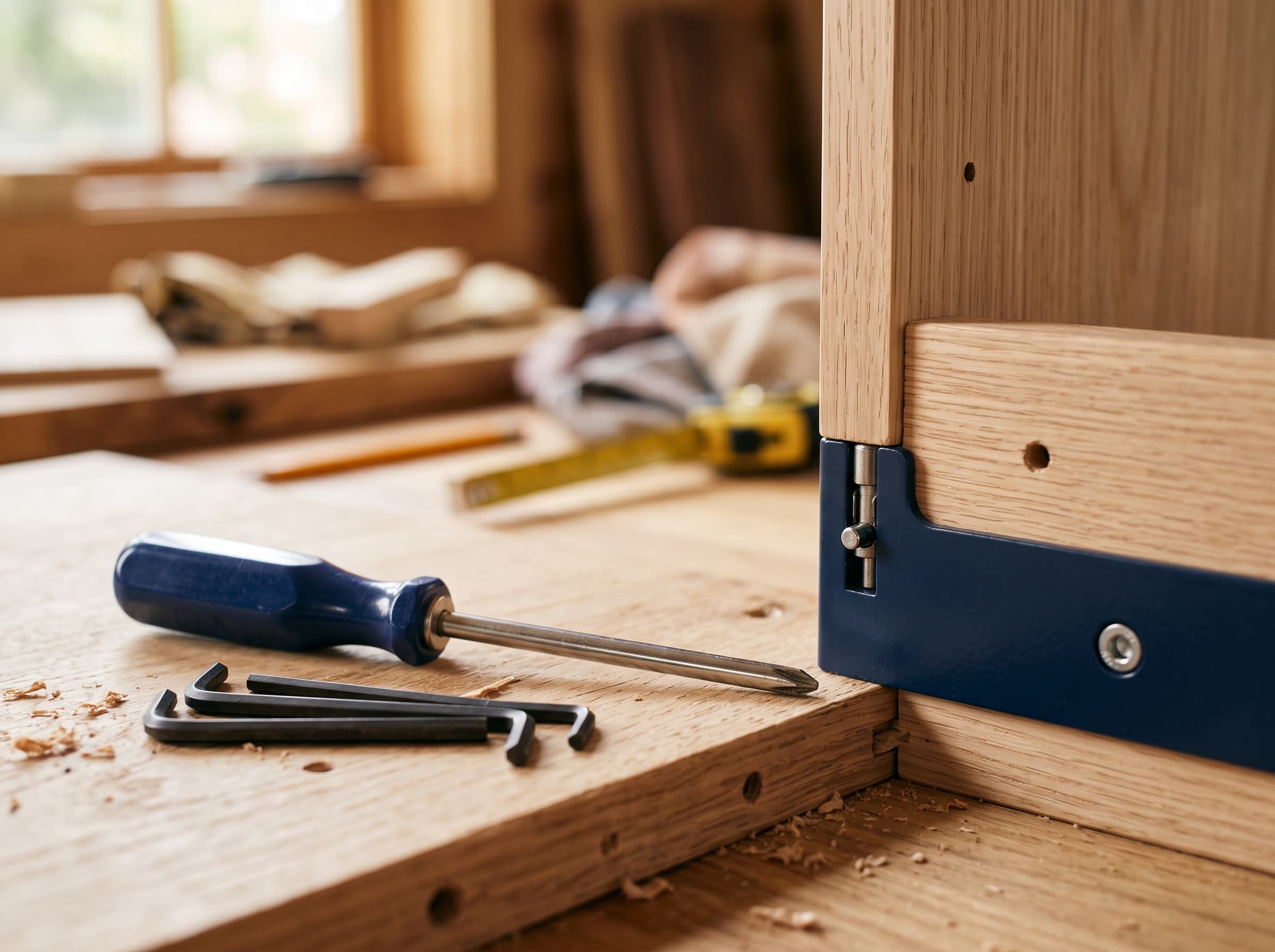 Outils de montage de meubles près d'un meuble en bois en cours d'assemblage