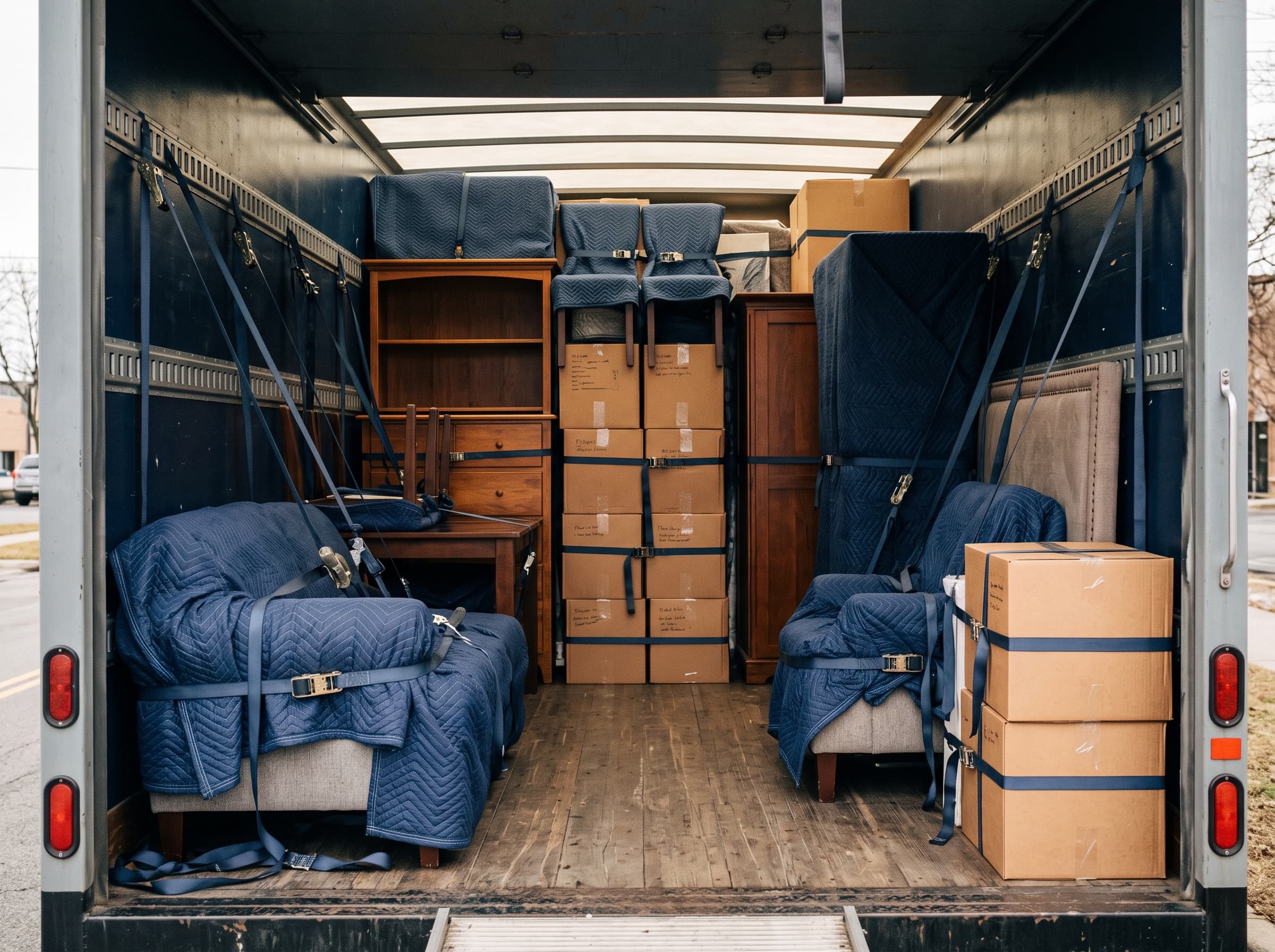 Intérieur d'un camion de déménagement avec meubles arrimés par des sangles